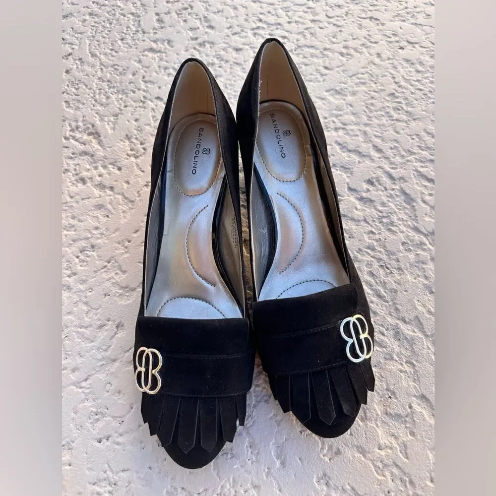 Bandolino Women's Black Suede  Chunky Heel Pumps Kiltie Tassel Shoes SZ 9.5